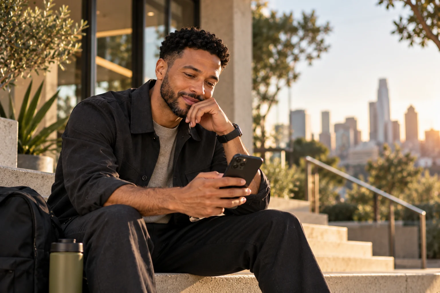 A man smiling as he looks at his phone while sitting on steps overlooking the city.