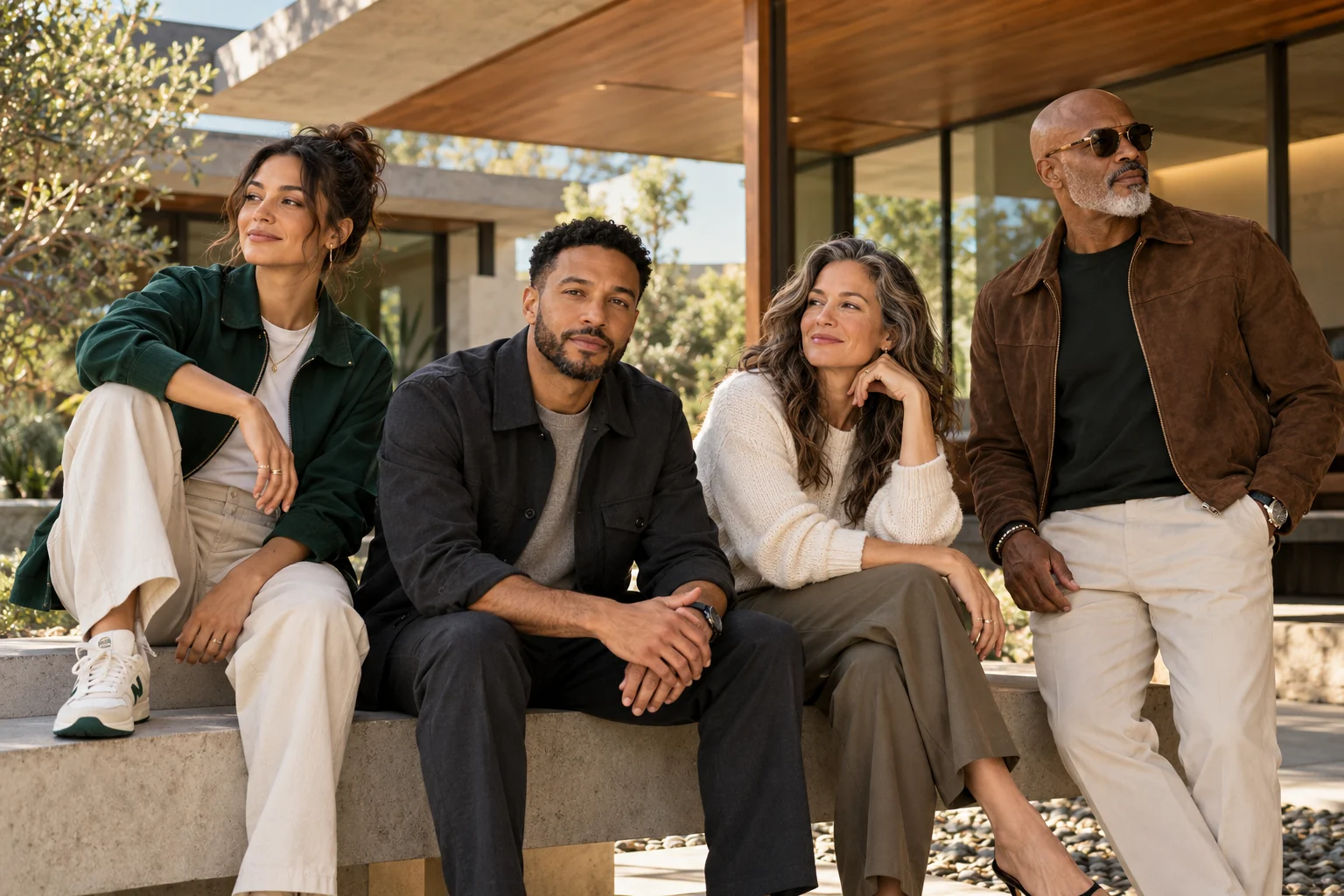 Four adults of different generations together in a warm architectural courtyard.