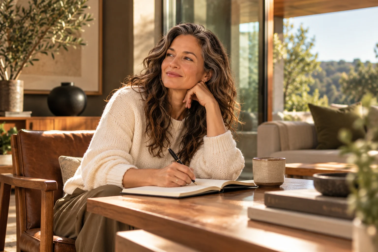A woman holding a pen over an open journal in a sunlit interior with warm wood furnishings.