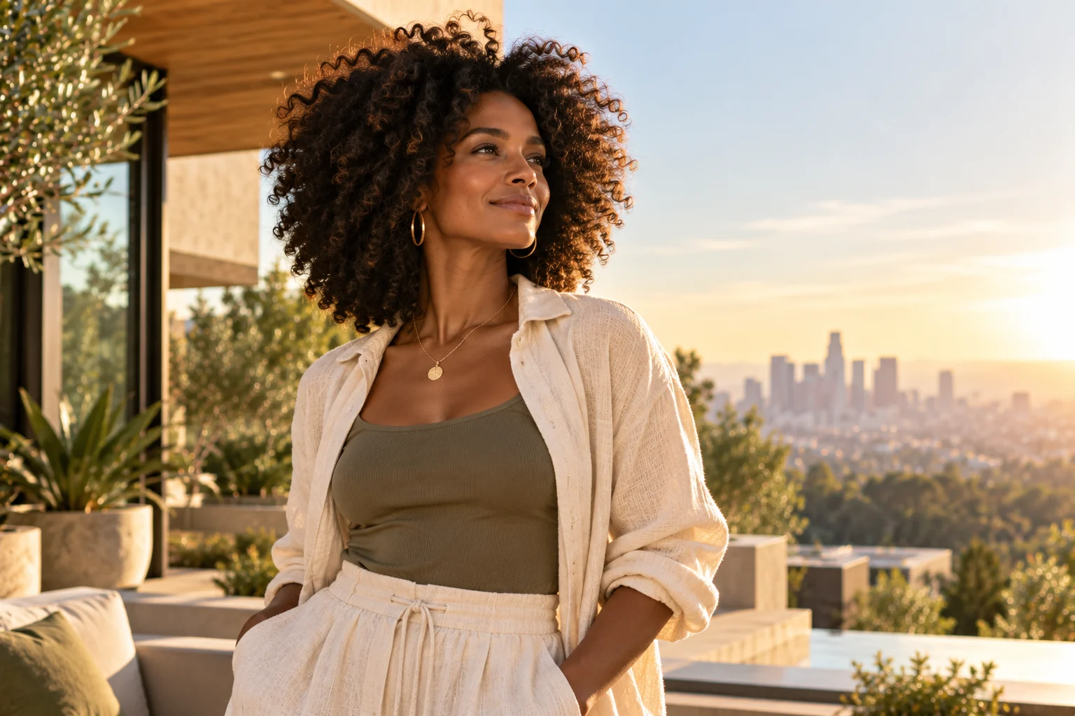 A woman with voluminous natural curls looking into the distance outside a warm architectural setting.