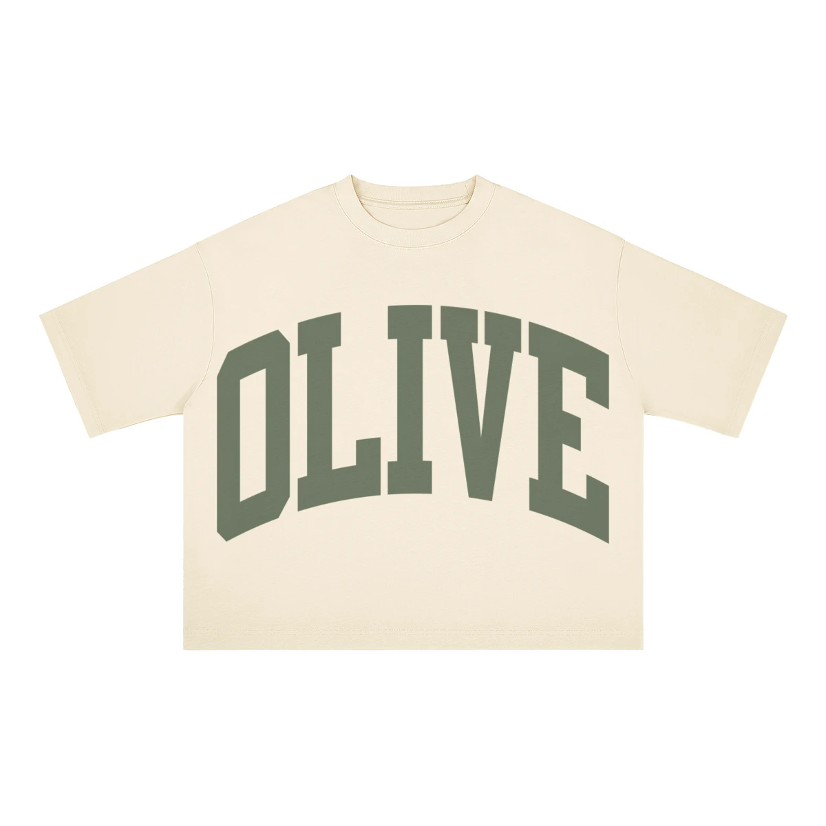 Cream shirt mockup with large olive-green arched collegiate OLIVE lettering on the front.